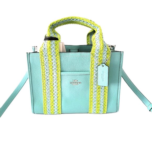 Coach CBG91 Straw Webbing Smith Tote 24 Crossbody Handbag Light Turquoise Multi - Picture 2 of 6